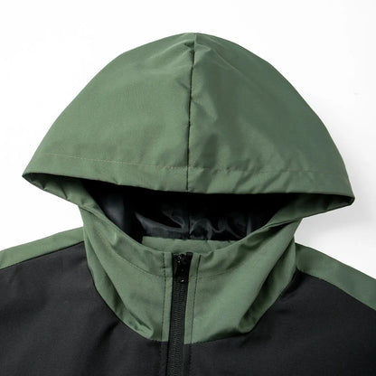 Hooded windproof jacket with green hood and black body, front zip UpTrend Deals on Tampa Home & Garden Store