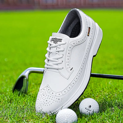 Men's Golf Shoes - Leather Trainer white EstaliosFit golf shoe on turf on Tampa Home & Garden Store