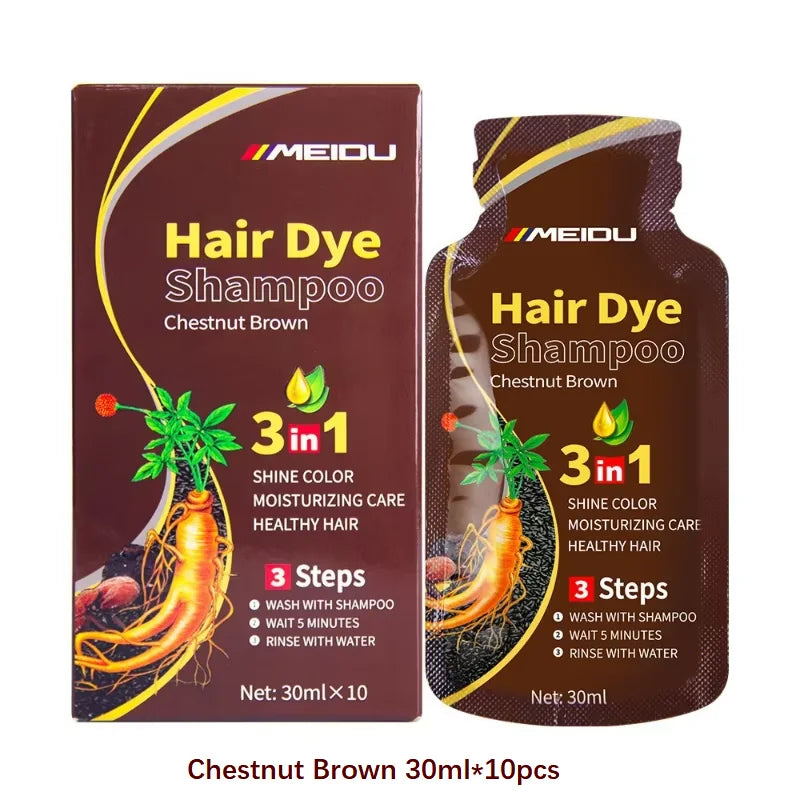 Meidu Hair Dye Shampoo 3 in 1 Chestnut Brown box and 30ml pouch, 10pcs product on Tampa Home & Garden Store