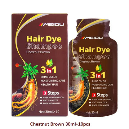 Meidu Hair Dye Shampoo 3 in 1 Chestnut Brown box and 30ml pouch, 10pcs product on Tampa Home & Garden Store