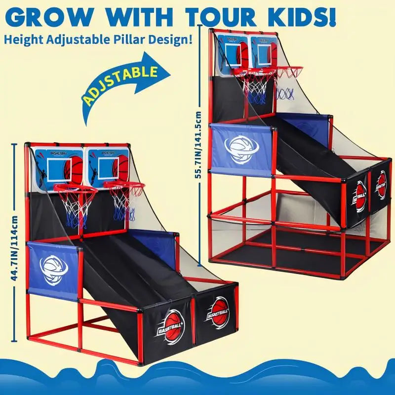 Arcade basketball game set with balls, red frame, blue backboard, height adjustable on Tampa Home & Garden Store