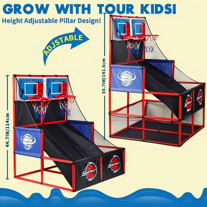 Arcade basketball game set with balls, red frame, blue backboard, height adjustable on Tampa Home & Garden Store