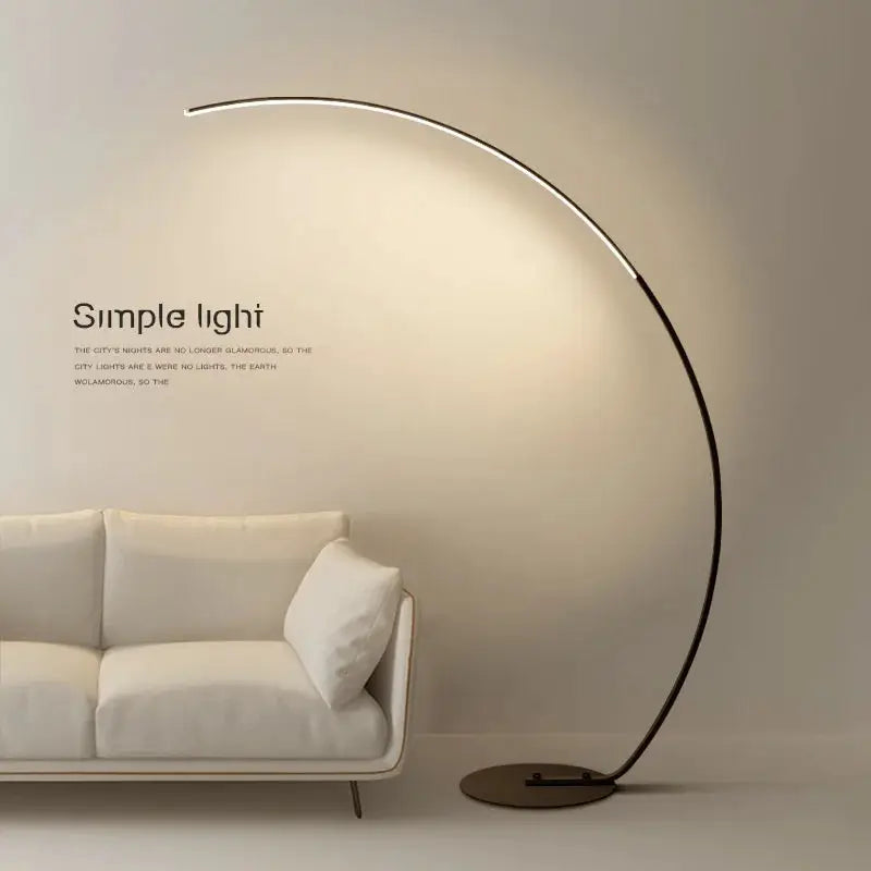 DecorBites LED art floor lamp arc design with dimmable RGB and remote in modern living room on Tampa Home & Garden Store