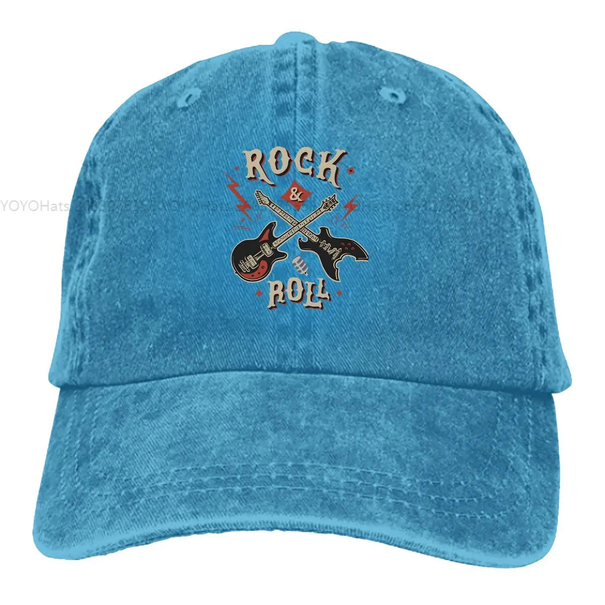 Rock N Roll Multicolor Cap blue velvet hat with guitar graphic by BikerZoneZ on Tampa Home & Garden Store