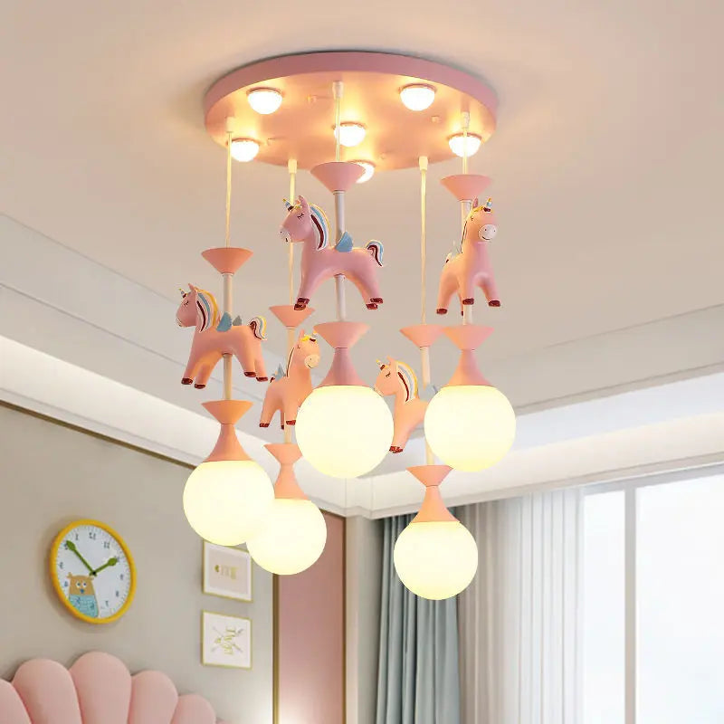 Decorbites Kids Dream Carousel Chandelier pink unicorns pendant light with glowing orbs on Tampa Home & Garden Store