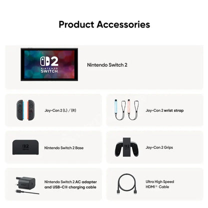 Nintendo Switch 2 console with neon Joy-Con, wrist straps, base dock, grips, USB-C charger on Tampa Home & Garden Store