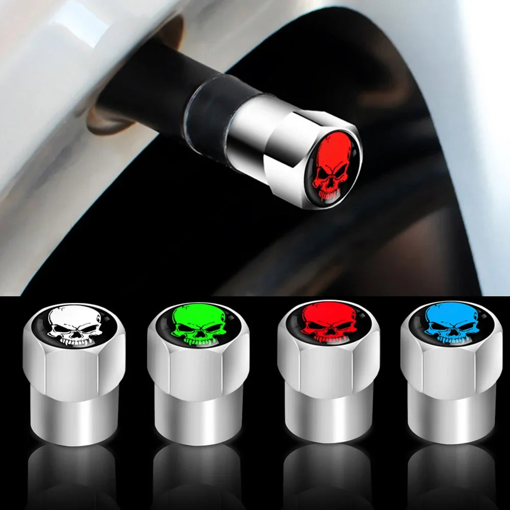 Valve stem caps set of 4 by BikerZoneZ with chrome finish skull tops in white, green, red, blue on Tampa Home & Garden Store