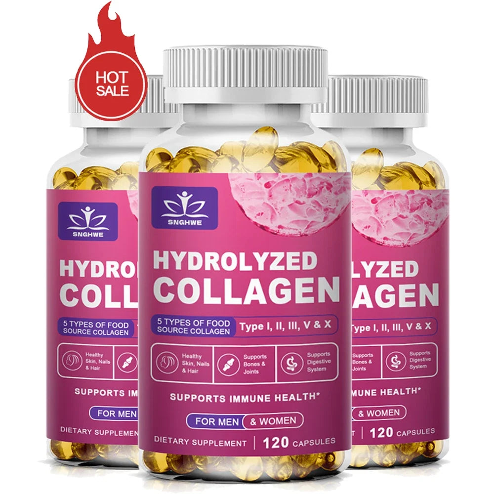 Hydrolyzed collagen capsules with hyaluronic acid by Silcy Skin; pink label three bottles on Tampa Home & Garden Store
