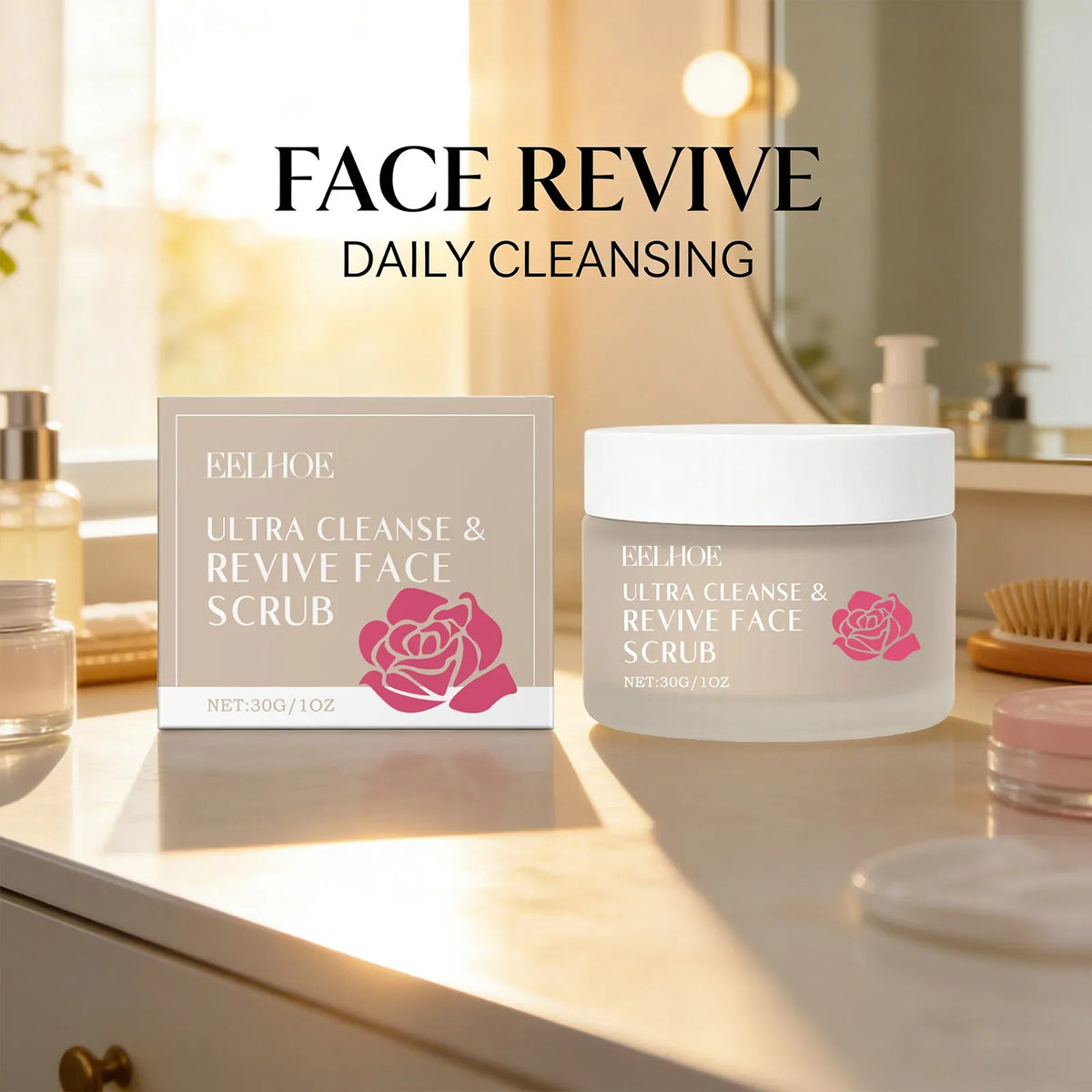 Face scrub set: EELHOE Ultra Cleanse and Revive box and jar with pink rose motif on Tampa Home & Garden Store
