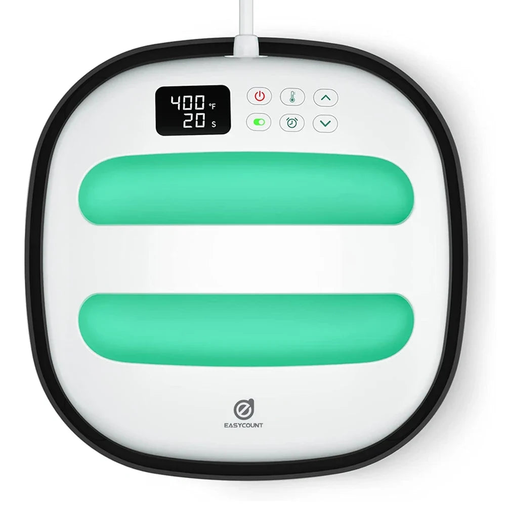 HP2 heat press for T-shirts, portable 9x9 in white with mint-green pads, EasyCount on Tampa Home & Garden Store