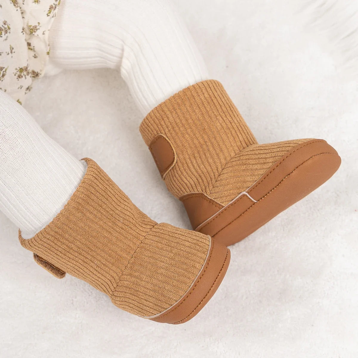Newborn baby winter booties in tan corduroy with soft sole for infants on Tampa Home & Garden Store