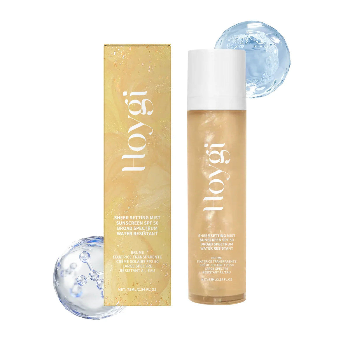 Silcy Skin SPF 50+ setting spray face mist in clear bottle with white cap beside gold box on Tampa Home & Garden Store