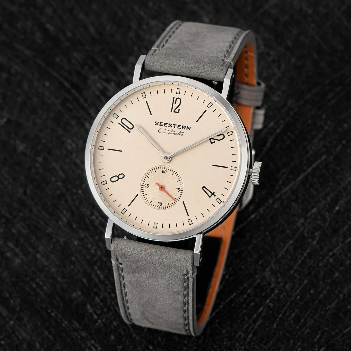 Men's ultrathin automatic dress watch Seestern beige dial stainless steel case grey suede strap on Tampa Home & Garden Store