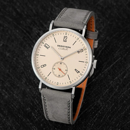 Men's ultrathin automatic dress watch Seestern beige dial stainless steel case grey suede strap on Tampa Home & Garden Store