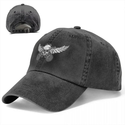 Guitar Rock Multicolor Skull Wing Baseball Cap in distressed charcoal denim with white embroidery on Tampa Home & Garden Store
