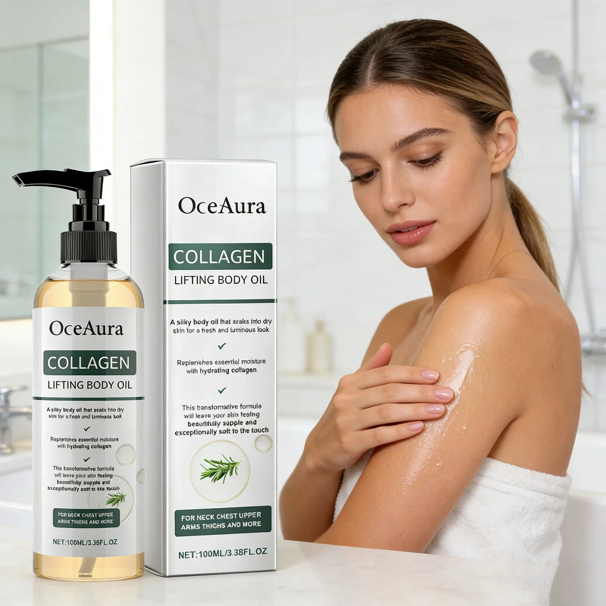 OceAura Collagen Lifting Body Oil bottle and box with rosemary graphic, woman applying oil on Tampa Home & Garden Store