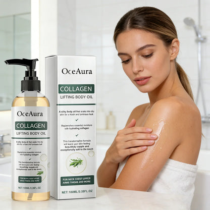 OceAura Collagen Lifting Body Oil bottle and box with rosemary graphic, woman applying oil on Tampa Home & Garden Store