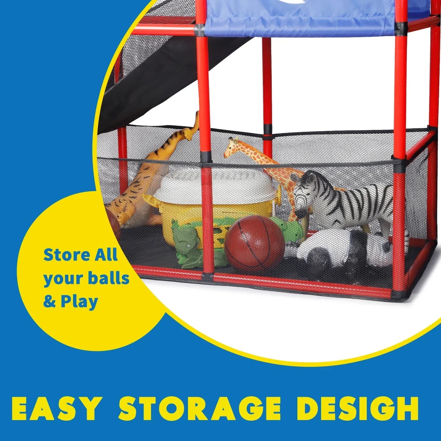 Arcade Basketball Game Set with red frame, blue padding, and black mesh enclosure with balls on Tampa Home & Garden Store