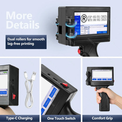 Portable handheld TIJ inkjet printer by UpTrend Deals with touch screen; black with dual rollers on Tampa Home & Garden Store
