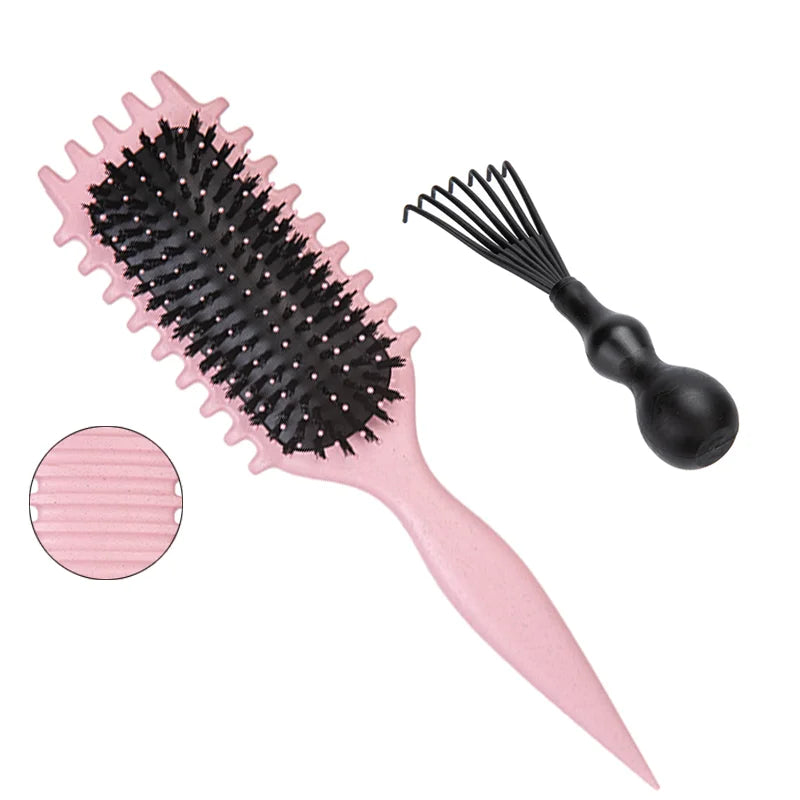 Two-piece pink detangling candy brush with natural bristles and black cleaning claw by Silcy Skin on Tampa Home & Garden Store