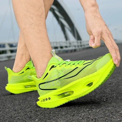 Running shoes EstaliosFit neon yellow shoes with black stripes and cushioned midsole pair on Tampa Home & Garden Store