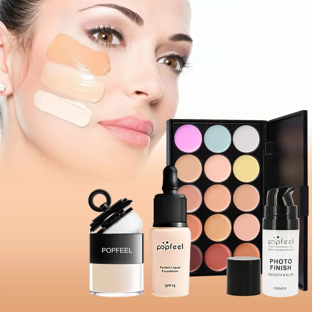 Makeup kit with POPFEEL multicolor eyeshadow palette, foundation, and Photo Finish primer on Tampa Home & Garden Store