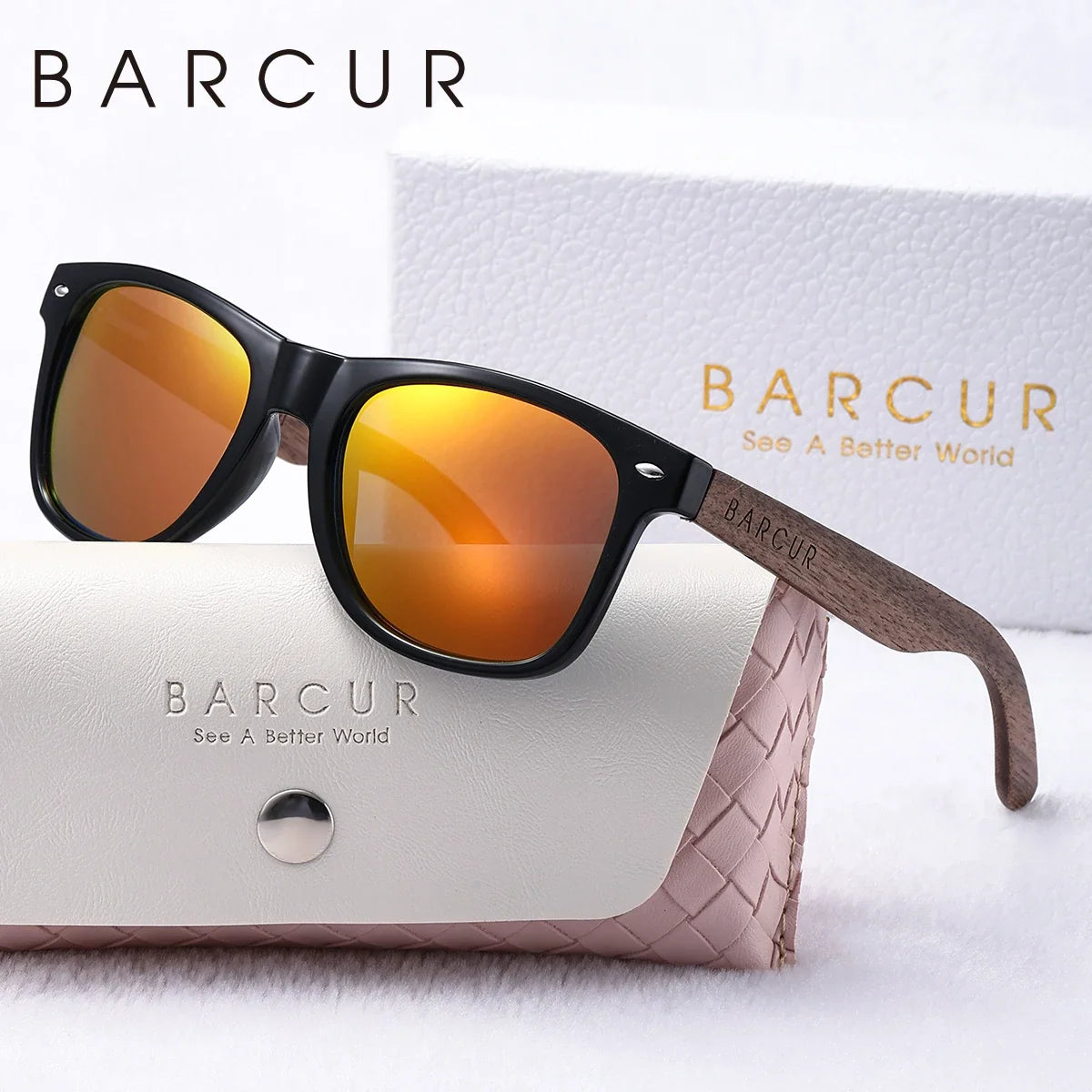 BARCUR natural wood polarized oval sunglasses black frame with orange mirrored lenses temples on Tampa Home & Garden Store