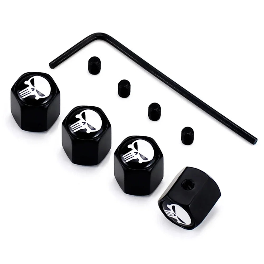Anti-Theft Skull Valve Caps set by BikerZoneZ, 4 black caps with skull logo and hex key on Tampa Home & Garden Store