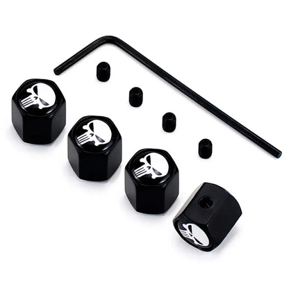 Anti-Theft Skull Valve Caps set by BikerZoneZ, 4 black caps with skull logo and hex key on Tampa Home & Garden Store