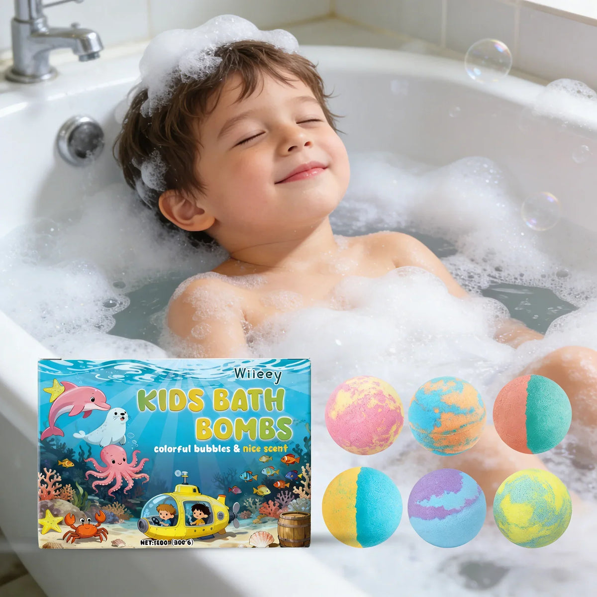 Kids Bath Bombs Silcy Skin; colorful swirled spheres in bubbly bath with a smiling kid on Tampa Home & Garden Store