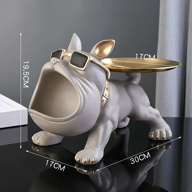 Perfecsy Bulldog key storage figurine in gray resin with gold tray and sunglasses on Tampa Home & Garden Store