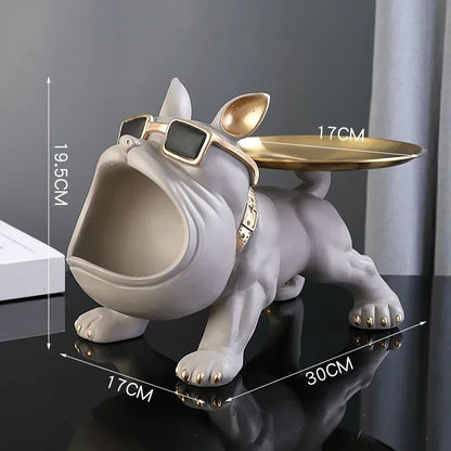 Perfecsy Bulldog key storage figurine in gray resin with gold tray and sunglasses on Tampa Home & Garden Store