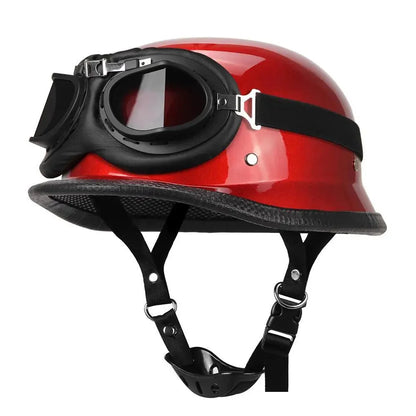 BikerZoneZ DOT Half Helmet, red glossy retro shell with attached goggles and strap on Tampa Home & Garden Store