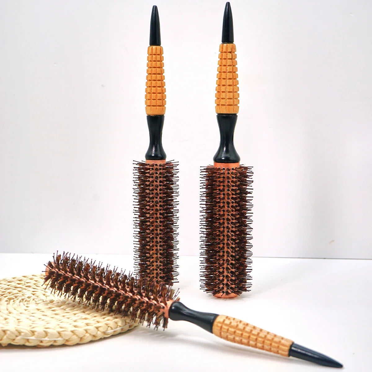 Wood-handle boar-bristle round brushes with orange grips, anti-static styling tools Silcy Skin on Tampa Home & Garden Store