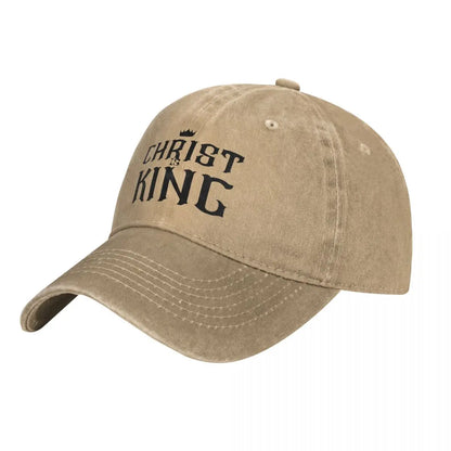 Baseball cap in tan cotton with CHRIST KING lettering and crown, curved brim on Tampa Home & Garden Store