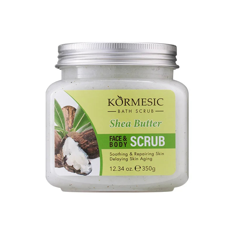 KORMESIC Shea Butter Face & Body Scrub jar with green label and creamy white texture on Tampa Home & Garden Store