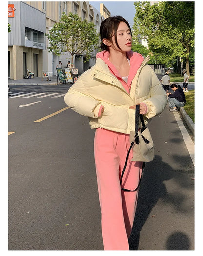 Women Winter Cropped Jacket pale yellow cotton-padded puffer by UpTrend Deals with pink hoodie on Tampa Home & Garden Store