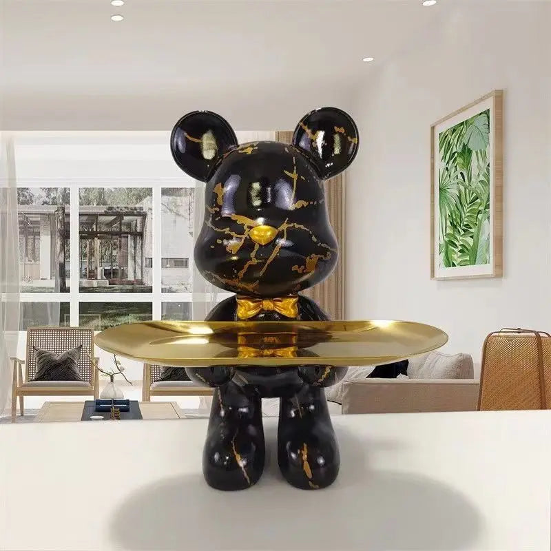 Perfecsy 29cm Graffiti Bear Figurine with gold marble pattern holding a gold tray for keys on Tampa Home & Garden Store