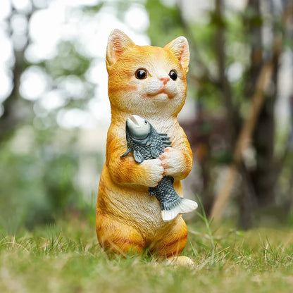 Cat figurine orange cat garden statue holding a fish, Perfecsy outdoor patio lawn decor on Tampa Home & Garden Store