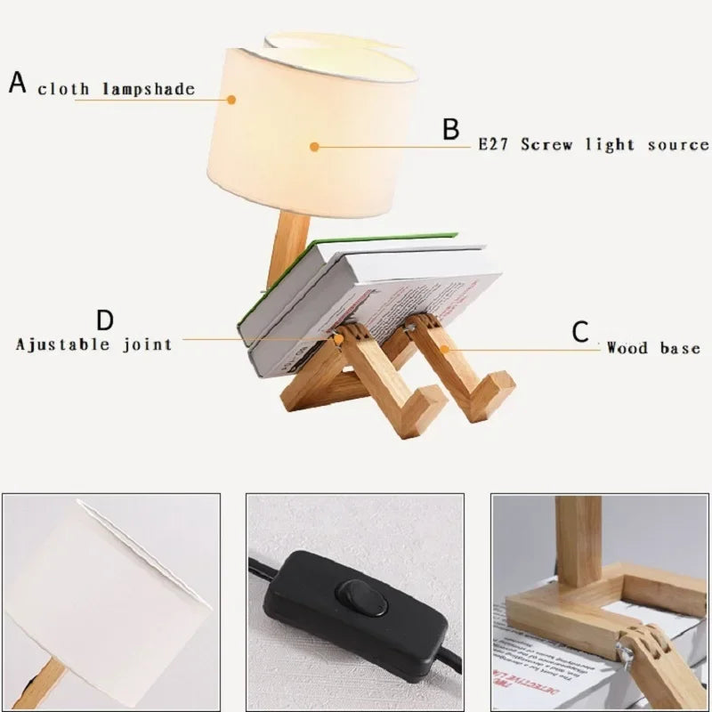 Perfecsy robot-shape adjustable lamp with wooden base and fabric shade, E27 foldable desk light on Tampa Home & Garden Store
