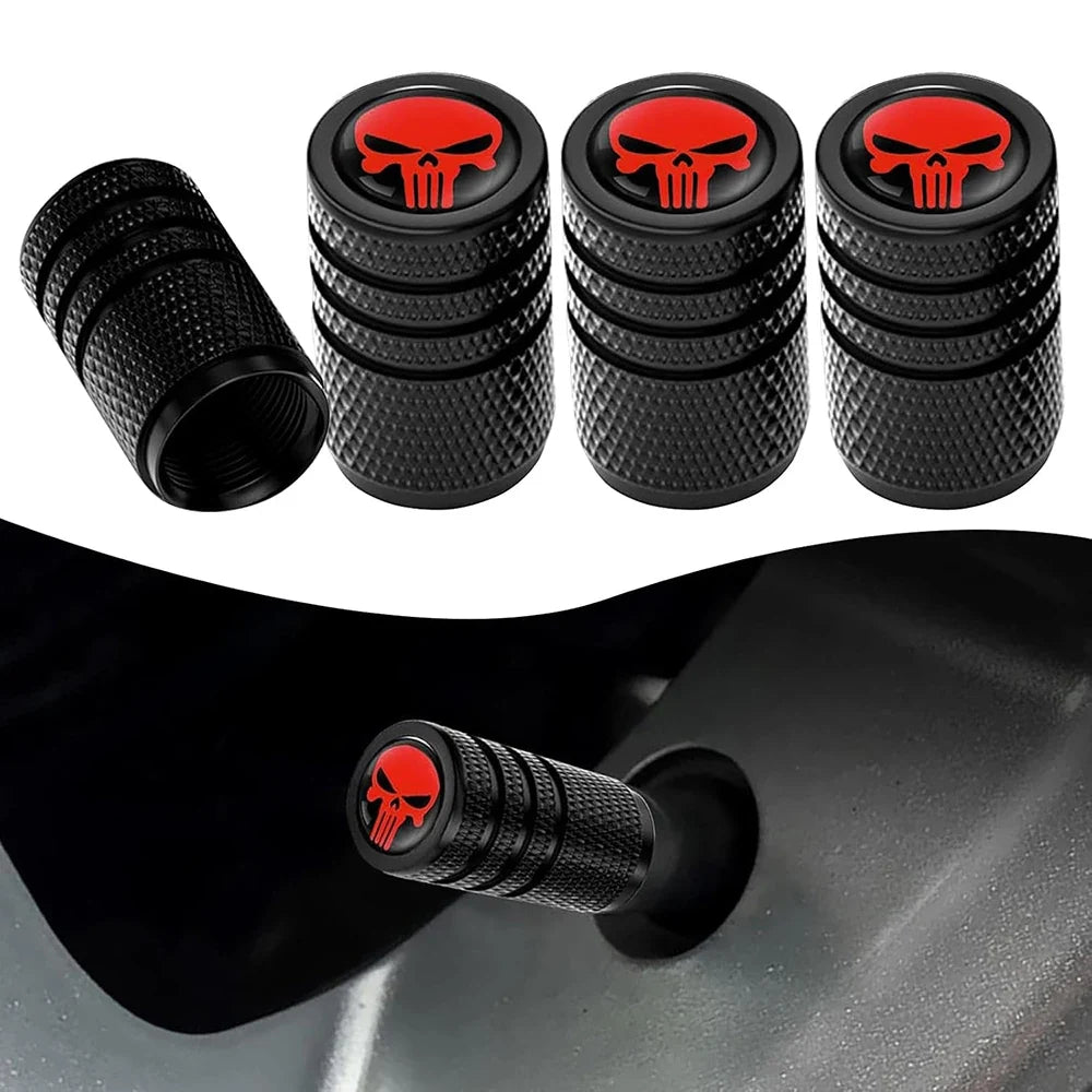4pcs skull valve stem caps by BikerZoneZ, knurled black metal with red skull logo on Tampa Home & Garden Store