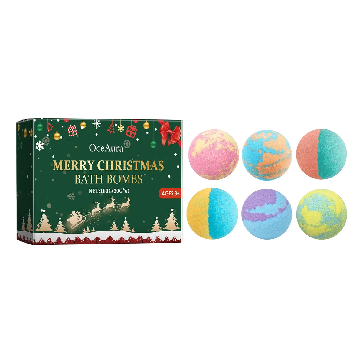 Six colorful marbled bath bombs next to a festive OceAura Merry Christmas Bath Bombs box on Tampa Home & Garden Store