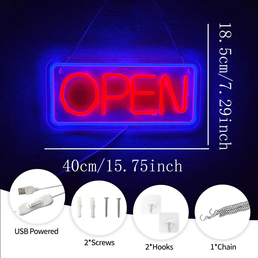 Open Neon Sign by Perfecsy USB powered red OPEN with blue border decor for cafe bar restaurant on Tampa Home & Garden Store