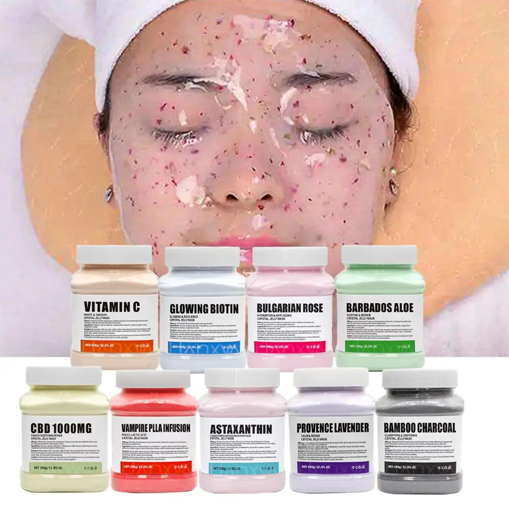 Silcy Skin jelly mask set with nine labeled jars beneath a model wearing a rose hydro jelly mask on Tampa Home & Garden Store