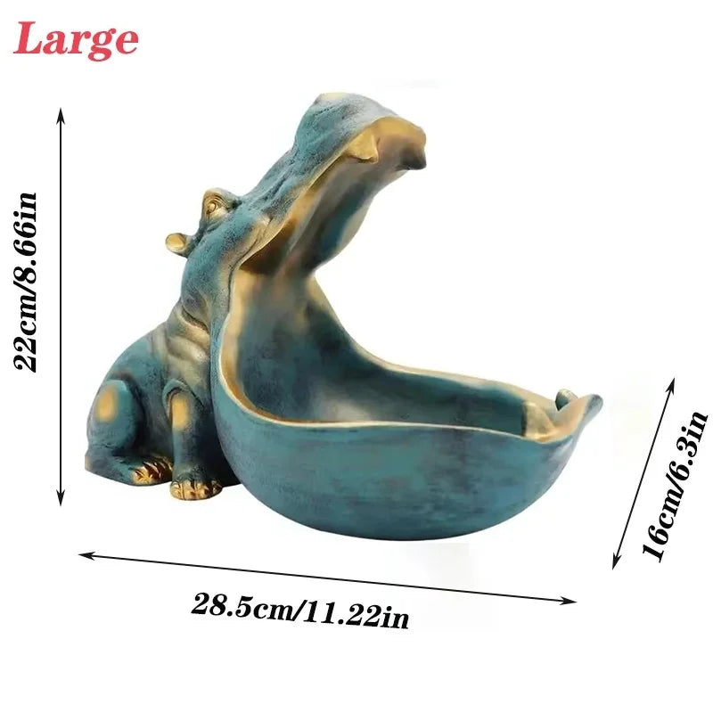 Perfecsy hippo storage statue, teal ceramic with gold interior, large candy and key container on Tampa Home & Garden Store