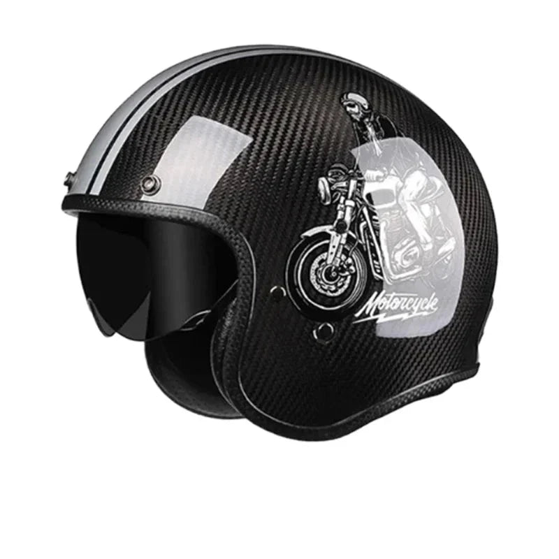 Carbon fiber retro open-face helmet by BikerZoneZ with clear visor and artwork on Tampa Home & Garden Store