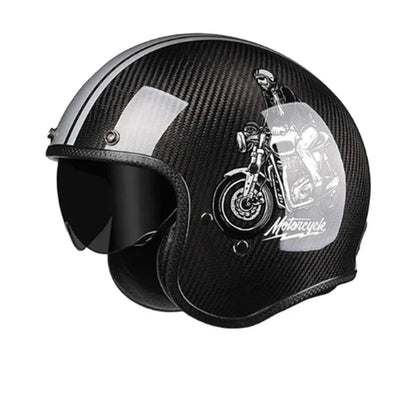 Carbon fiber retro open-face helmet by BikerZoneZ with clear visor and artwork on Tampa Home & Garden Store