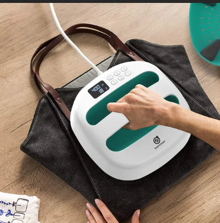 HP2 portable 9x9 heat press for T-shirts with digital display and teal handles on UpTrend Deals on Tampa Home & Garden Store