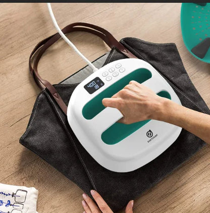 HP2 portable 9x9 heat press for T-shirts with digital display and teal handles on UpTrend Deals on Tampa Home & Garden Store