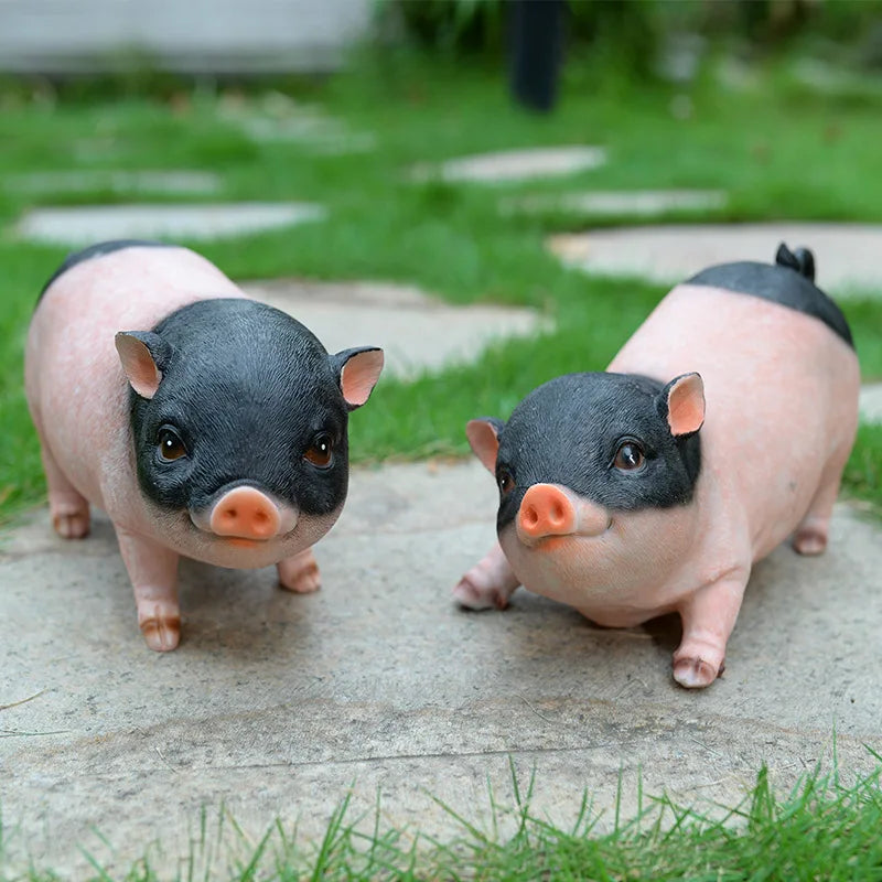 Piggy resin statues pair, pink bodies with dark heads for garden decor, Perfecsy on Tampa Home & Garden Store